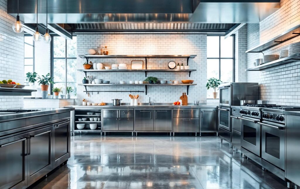 Cuisine professionnelle en inox avec piano de cuisson et hottes d'extraction