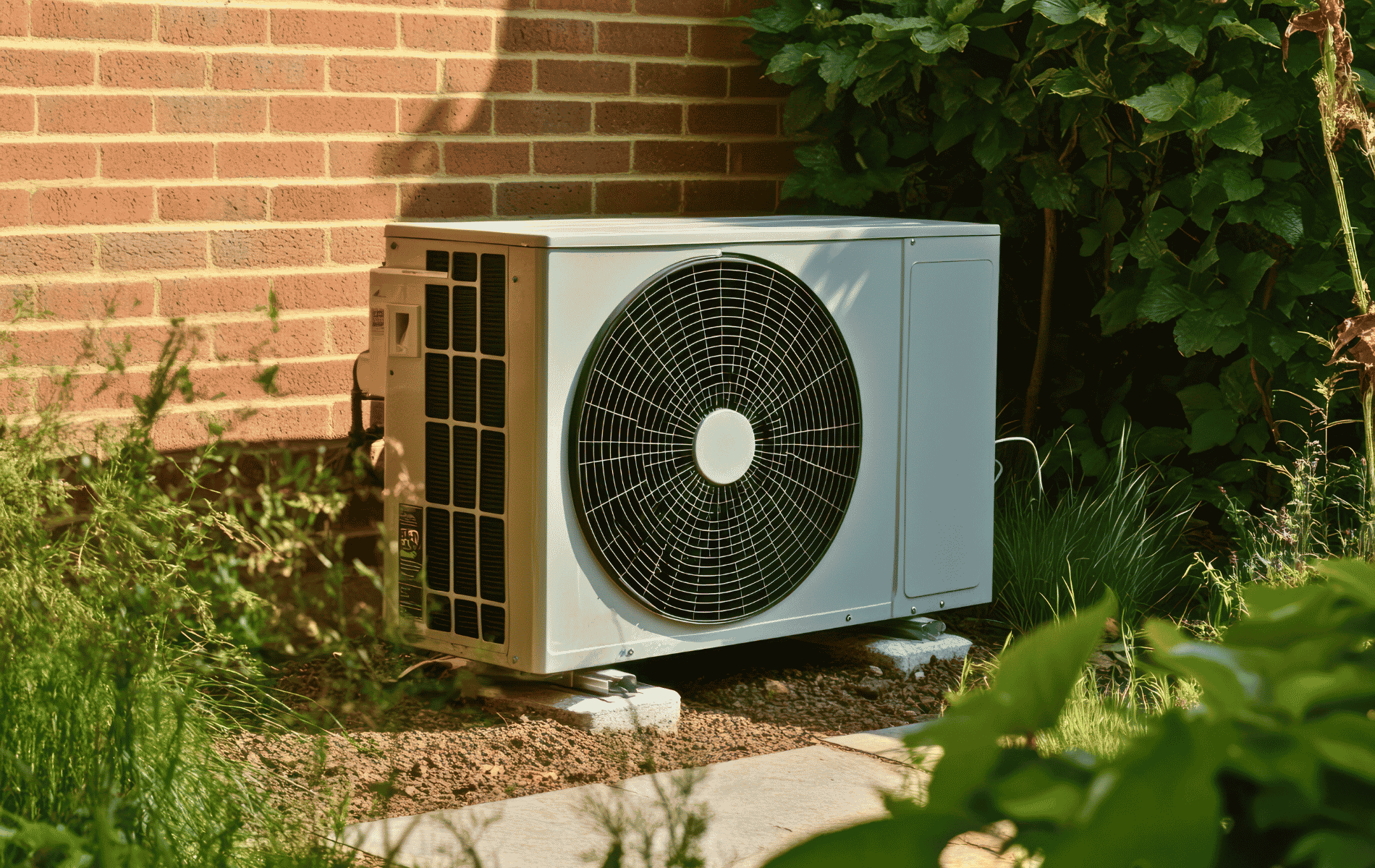 Pompe à chaleur air-air installée contre le mur en brique d'une maison dans les Landes