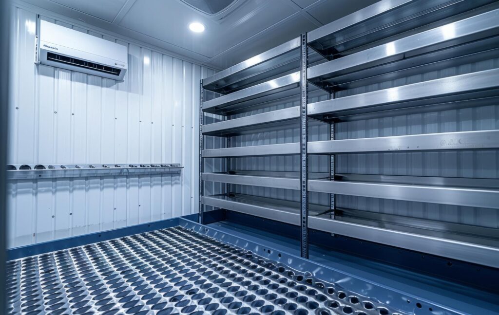 Chambre froide professionnelle équipée de rayonnages inox dans un environnement agroalimentaire