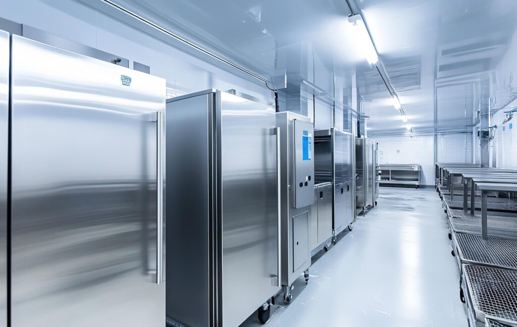 Porte vitrée d'un meuble réfrigéré dans un commerce alimentaire équipé en froid commercial