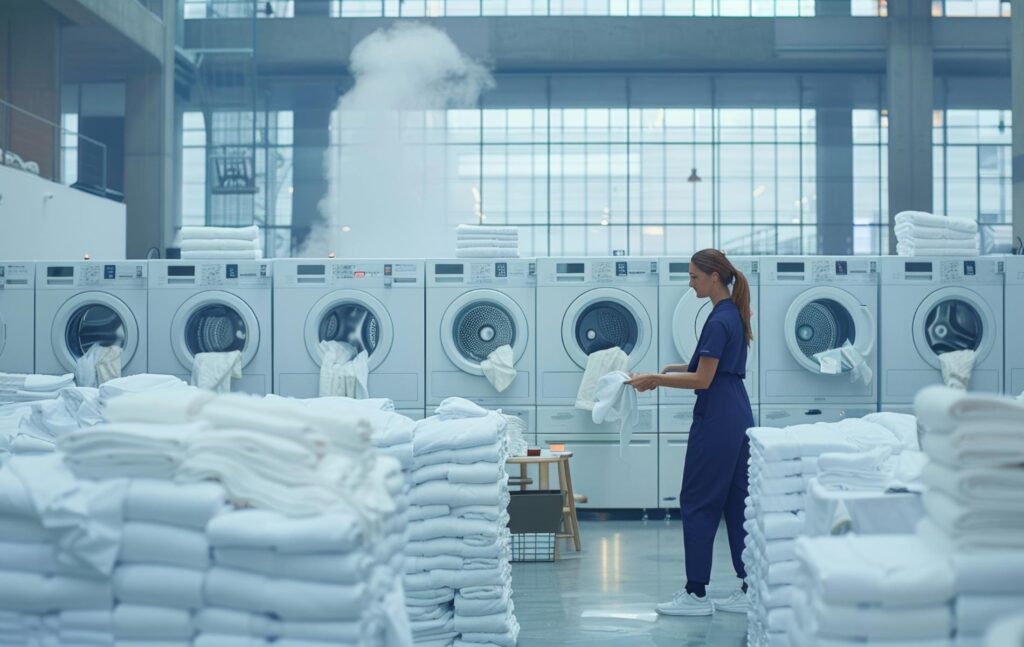 Buanderie de collectivité avec lave-linge professionnels et linge plié dans les Landes