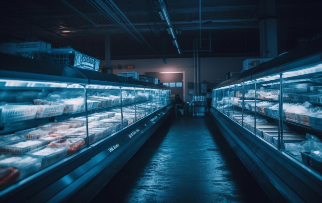 Vitrines réfrigérées de rayon frais dans un commerce alimentaire en froid commercial