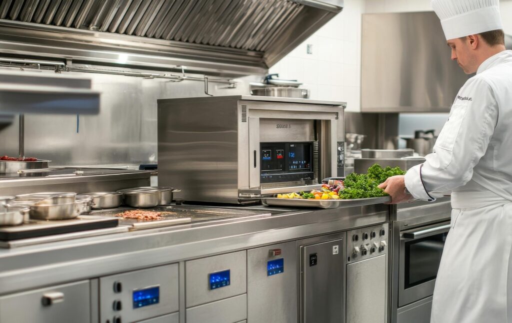 Chef disposant un plat près d'un four professionnel en cuisine équipée